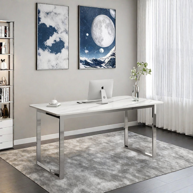 Bureau en acier inoxydable Minimalist, H 29,52 po x l 62,99 po x P 31,49 po, Blanc