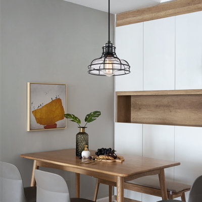 8.66"W Industrial Adjustable Downrod Black Cage Pendant Light with Clear Glass Shade,for Kitchen Island, Dining Room,Modern Farmhouse Lighting