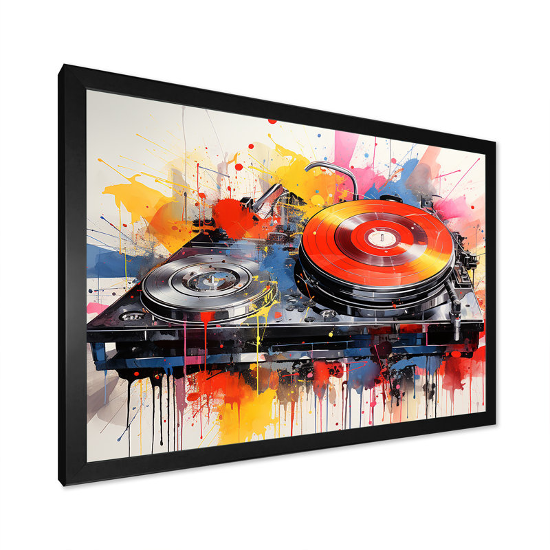 Pop Art Dj Turntables III - Art mural sur platines, H 12 po x l 20 po x P 1 po, Cadre d'angle fermé noir