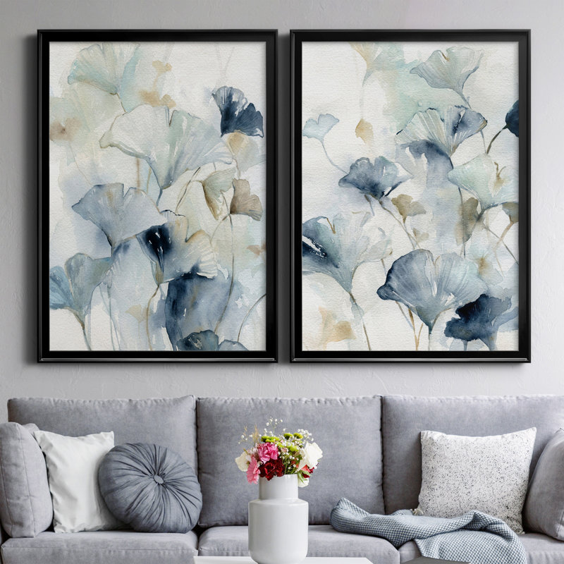 Indigo Ginkgo I, reproduction encadrée de qualité supérieure - prête à être accrochée, H 26,5 po x l 73 po x P 1,5 po, Noir