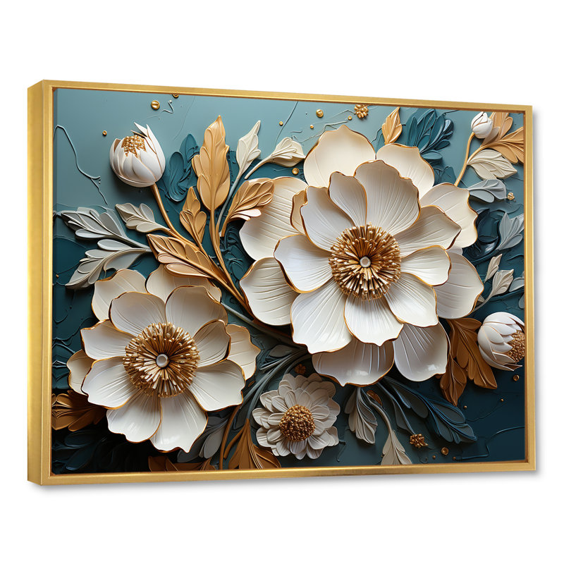 Blanc et bleu, charmante fleur printanière élégance III - fleurs, art mural, Cadre flottant doré