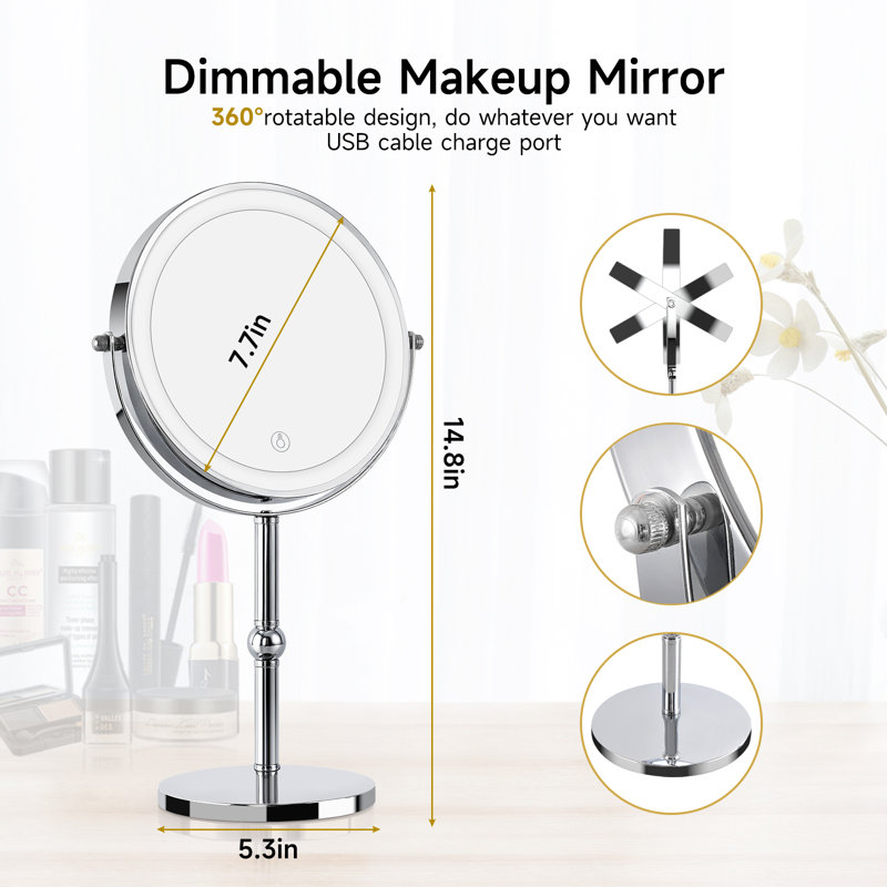 Lighted Makeup Mirror With Brighter Lights,1x/10xtrue Hd Magnifying Tabletop Vanity Mirror With Touch Control, 360°rechargeable Double Sided Mirror With 3 Colors Dimmable Lights