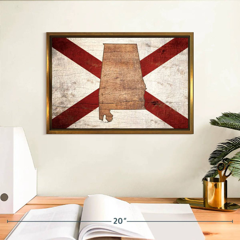Carte d'État sur le drapeau de l'Alabama, Cadre flottant doré, 13 po x 9 po