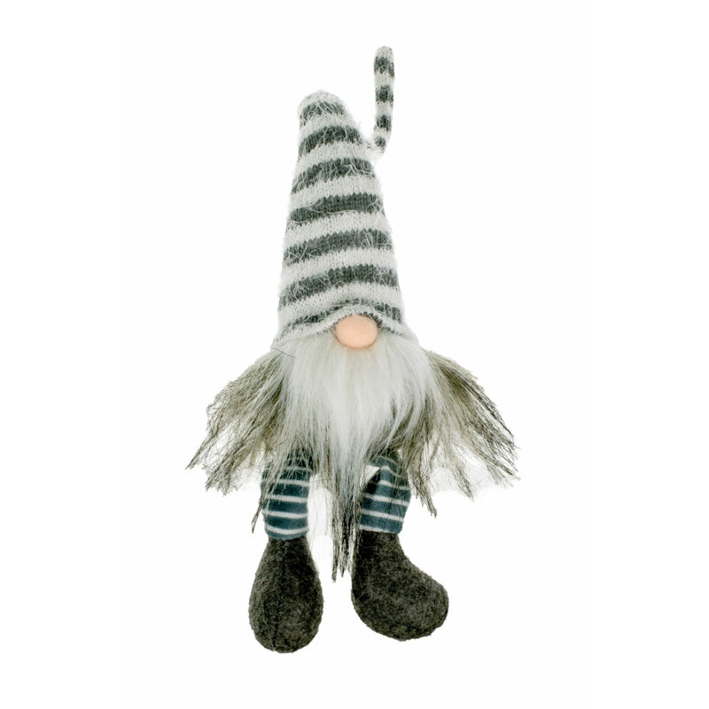 Gnome assis en tissu gris / blanc avec chapeau rayé