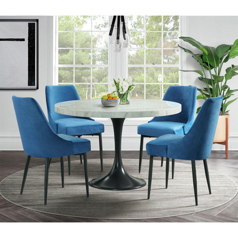 48'' Round White Marble Dining Table with Black Metal Pedestal Base