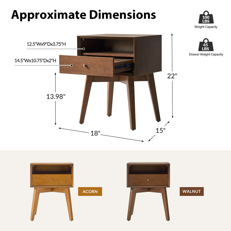 Boneva 18"W Mid-Century Modern Solid Wood Nightstand with Built-In Outlets, Walnut