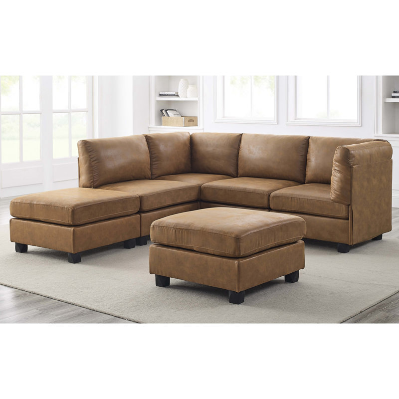 Canapé d'angle 6 places en similicuir avec design personnalisable, pattes en plastique, dossier et coussins amovibles, profondeur 120 pouces, largeur 60 pouces, hauteur 34,5 pouces, poids 248 lb, revêtement modulaire, assemblage facile.