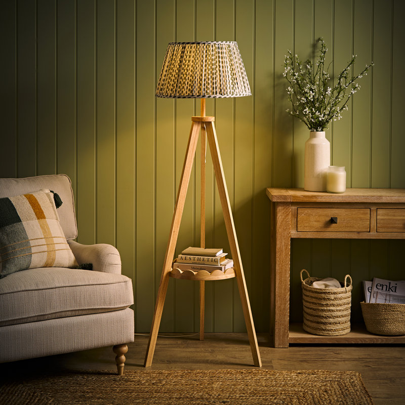 Teece Floor Lamp, Without Bulb, Green Floral, Mid Wood