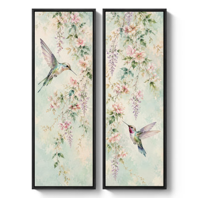 Colibris avec fleurs roses suspendues - Décoration botanique naturelle - Ensemble de 2 impressions sur toile encadrées 60" x 20" x 2