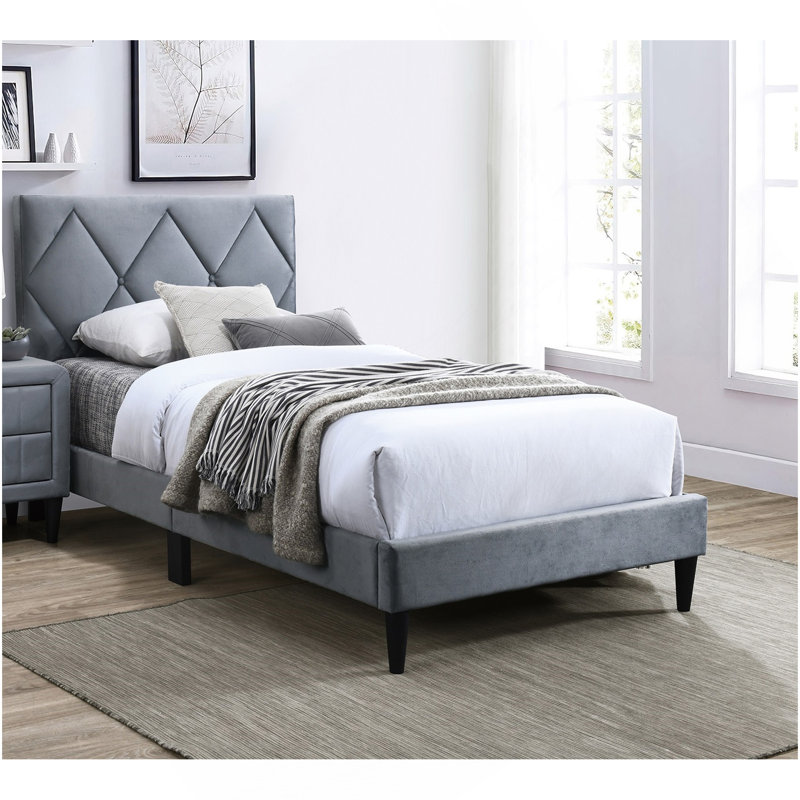 Lit simple avec tête de lit réglable 1pc, meubles de chambre à coucher en velours gris pour les jeunes, Lit simple, Gris