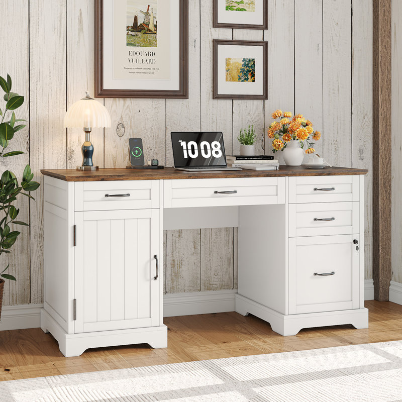 Bureau de direction 55 po avec tiroirs, classeur et prises de courant Clabe, Brun rustique / Blanc