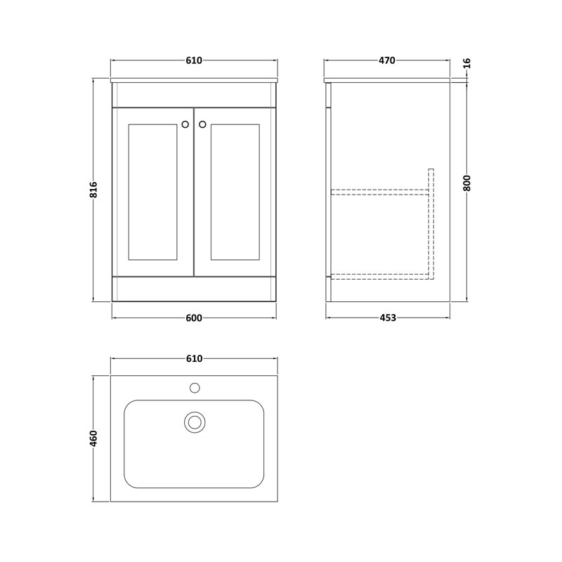 nuie Classique 600mm Satin Grey 2 Door Floor Standing Vanity Unit With 1 Tap Hole Stone Basin, 61 cm W, Satin Grey