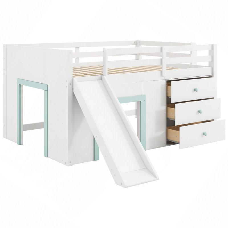 Lit mezzanine bas avec glissade, trois tiroirs de rangement et deux portes