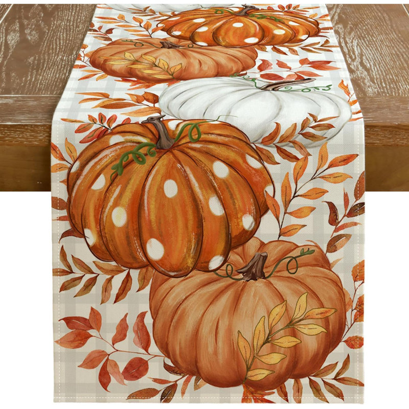 Fall Table Runner, Pumpkins Leaves Farmhouse Table Decoration For Kitchen Dinning, Indoor Outdoor Dinner Party (Orange Pumpkins) GT124-60
