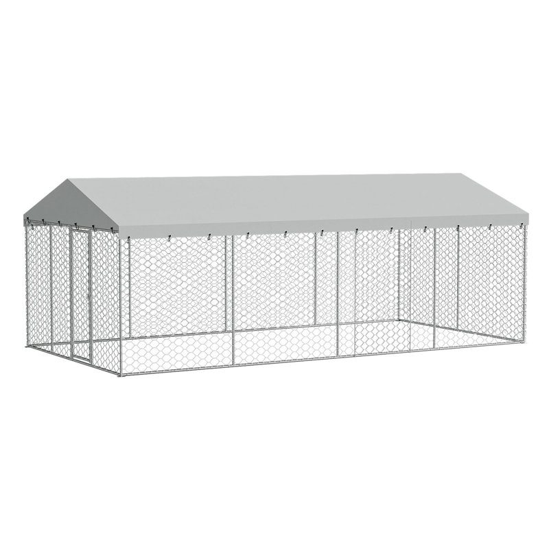 Chenil d'extérieur pour chien avec auvent, H 84,66 po x l 120,09 po x P 236,23 po