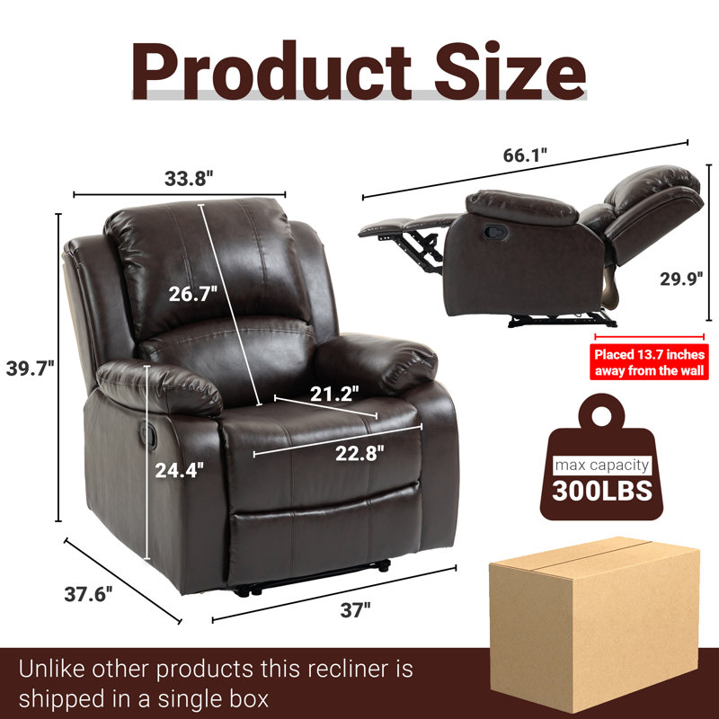 37" Wide Standard Manual Recliner PU Leather, Brown