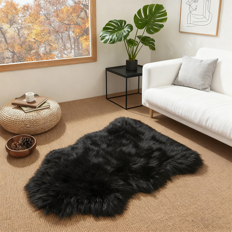 Soft Fluffy Black Faux Sheepskin Area Rug, Novelty 2' x 3'