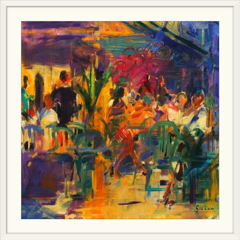 Anjuman " Cafe De La Place, St Paul De Vence " by Peter Graham, 24" H x 24" W x 1" D, White Framed