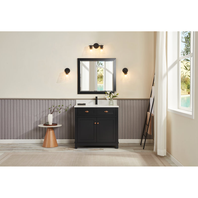 36" Solid Wood Sink Vanity With 1' Artificial Stone Top, Tricorn Black, Rose Gold