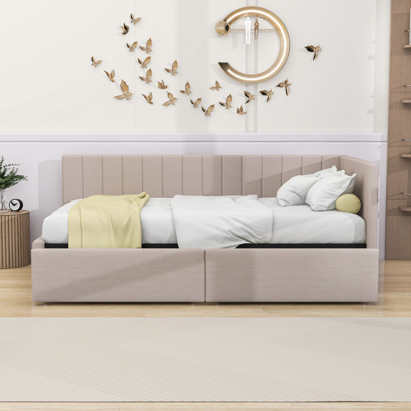 Twin Linen Upholstered Daybed with Storage Drawers, Beige