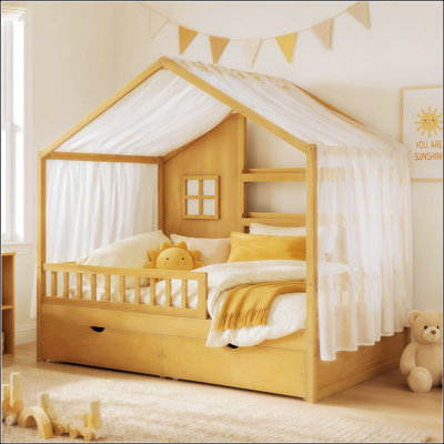 Structure de lit simple pour enfants avec toit, rideaux, garde-corps et rangement, style plancher Montessori, assemblage facile