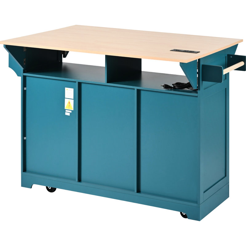 Îlot de cuisine de 55,7 po avec fonction pliante, 2 abattants, centrale électrique, 3 tiroirs et une apparence luxueuse, table de salle à manger spacieuse de style Empire,