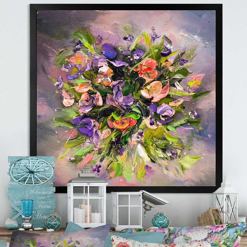 Abstrait fleurs mauves et vertes - art mural traditionnel sur toile, H 16 po x l 16 po x P 1 po