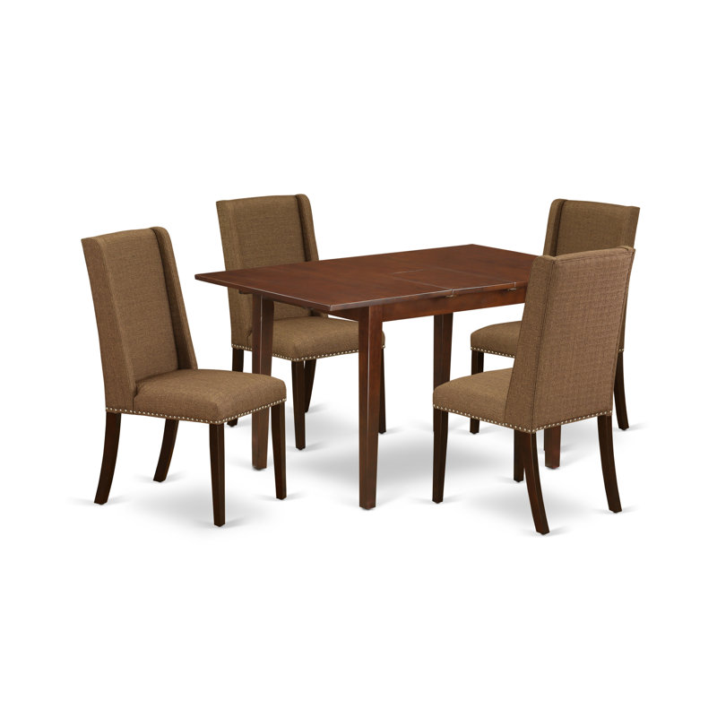 5 Piece Kitchen Table & Chairs Set Includes a Rectangle Butterfly Leaf Dining Table and 4 Brown Linen Fabric Parson Chairs, Mahogany