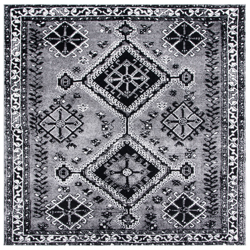 Tapis gris / noir Southwestern, Carré 6 pi 7 po