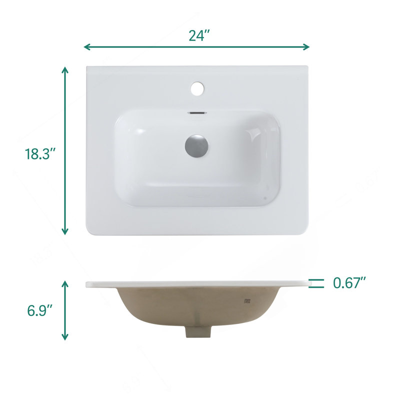 Lavabo intégré en céramique blanche brillante, bonde et robinet non inclus