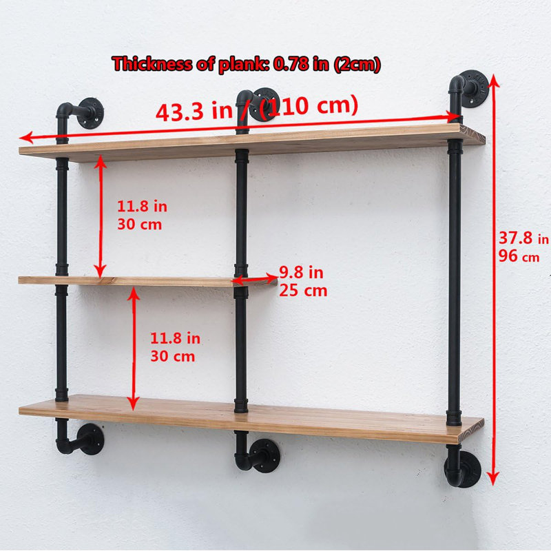 Industrial Pipe Shelf, 43.3In Heavy Duty 3-Tier Rustic Wall Mounted Bookshelf For Study, Kitchen, Living Room, And More