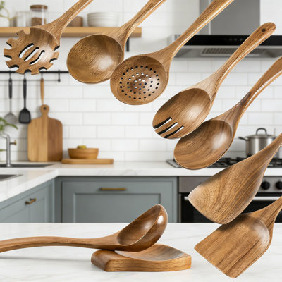 Acacia Wooden Utensil Set With Spoon Rest - 8-Piece Nonstick Cooking Spoons And Spatulas For Everyday Kitchen Use, Durable And Heat Resistant