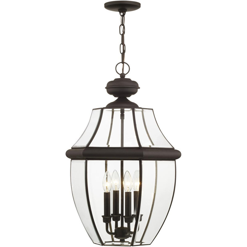 Outdoor Chain Lantern Pendant Lighting Fixture, Clear Beveled Glass Shade, Bronze