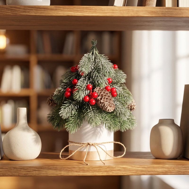 Lot de 2 mini sapins de Noël artificiels en pot, décoration de table en PE givré avec pommes de pin et baies rouges pour foyer