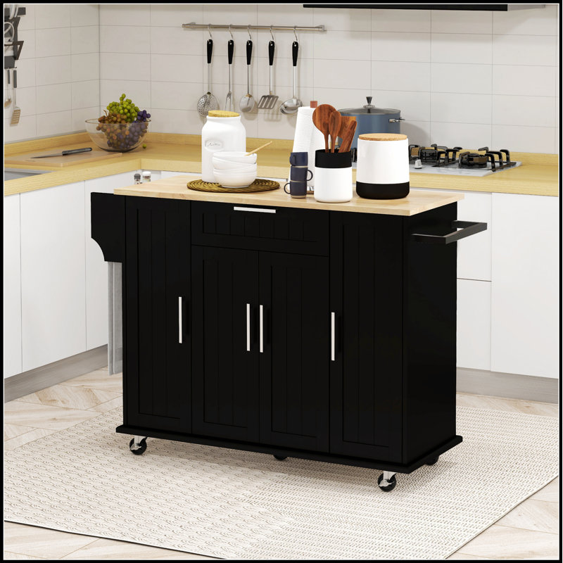 Îlot de cuisine roulant polyvalent avec plateau en bois d'hévéa, tiroir et plusieurs solutions de rangement pour une organisation efficace