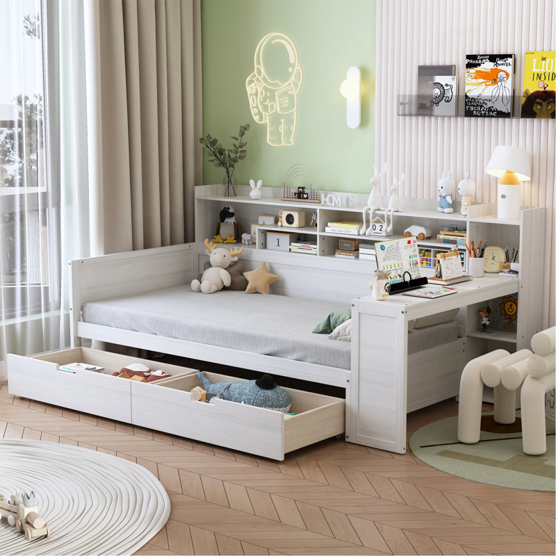 Lit de jour simple en bois avec tablettes de rangement, lit multifonctionnel avec deux tiroirs de rangement et bureau d'étude, blanc antique
