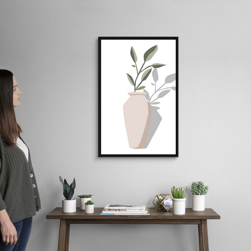 Vase et tige IV, art mural, Toile avec cadre noir, H 32 po x l 22 po