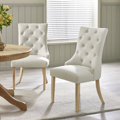 Eubanks Beige Linen Fabric Dining Chairs Oak Effect Legs - Luxury Modern Chesterfield Style