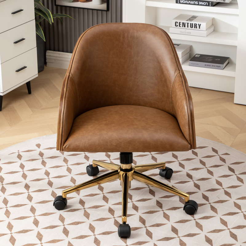 Chaise de bureau rembourrée en cuir véritable, Cognac