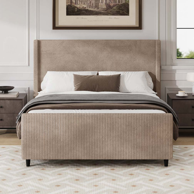 Corduroy Upholstered Bed Frame with Vertical Stripe Wingback and High Footboard, Cream, Queen