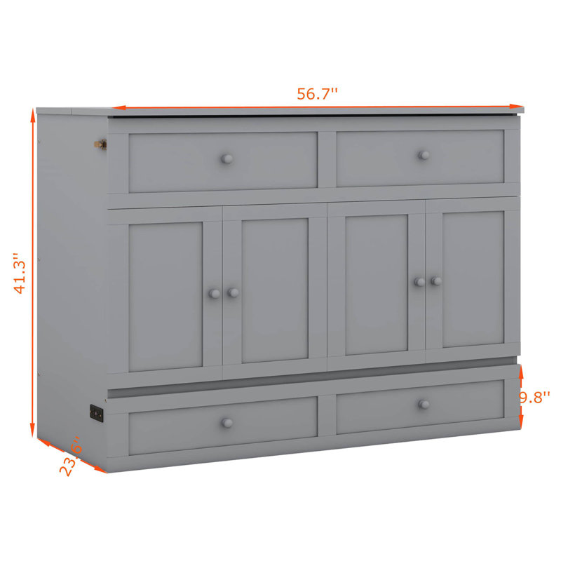 Lit escamotable avec grands tiroirs et ports USB, Gris, Full / Double