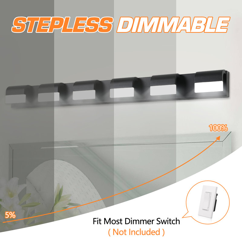 Barre d'éclairage de salle de bain à DEL 6 lumières à intensité variable, noir moderne, Noir mat, 6