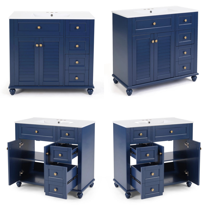 Meuble-lavabo 36 po avec lavabo en céramique - tiroir rabattable, portes à fermeture en douceur, tablettes ajustables, Bleu