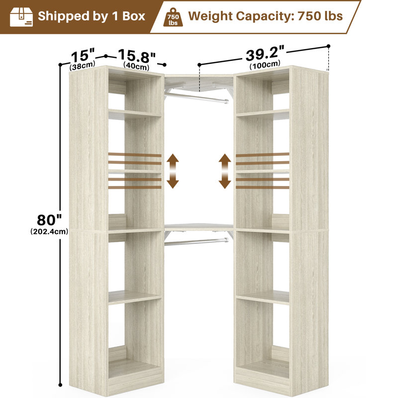 39" × 39" Large Corner Closet System With 12 Shelves & 2 Hanging Rods, White Oak