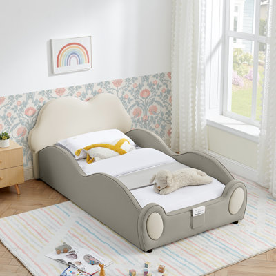 Lit simple en cuir de polyuréthane pour enfants, lit de sécurité pour tout-petits avec garde-corps, poche de rangement, beige 