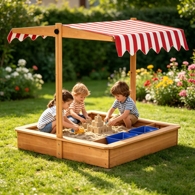 Kids Wooden Sandbox with Adjustable Height Cover, Outdoor Children's Sand Play Station – Includes Bottom Liner, Seat & Plastic Basins, for Backyard, Beach & Lawn