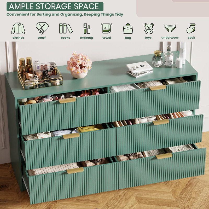 Commode cannelée à 6 tiroirs - 54 po de largeur, poignées dorées, multifonction pour la chambre à coucher ou le couloir