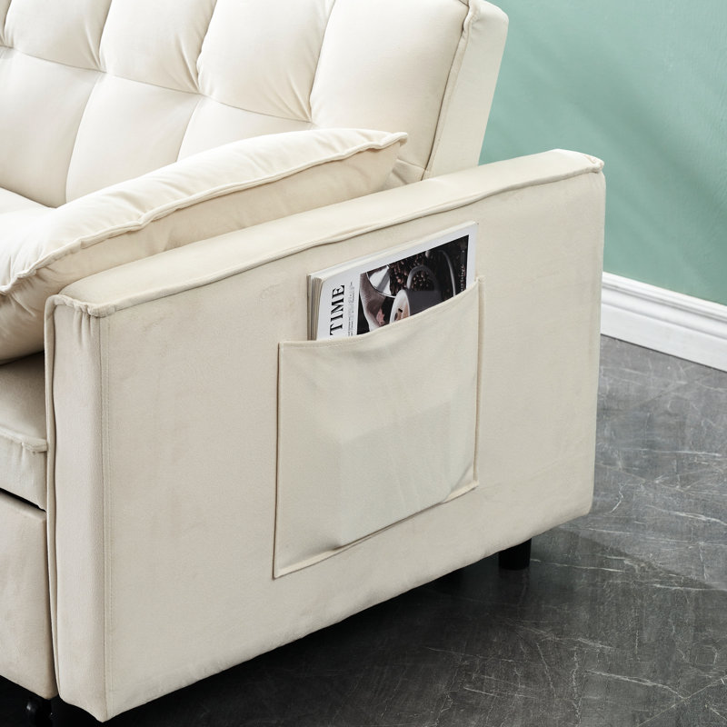 Beige 2 velours moderne, lit convertible 3 en 1, avec dossier, coussin, largeur 33, hauteur 32,18, velours, profondeur 55