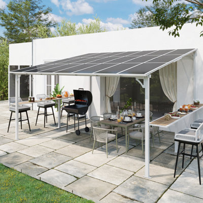 Meissalivve 12' X 14' Wall Mounted Gazebo, Outdoor Bbq Grill Gazebo With Side Shelf, Lean To Metal Awnings With Sloped Roof, Heavy Duty Pergola For Backyard, Deck, White