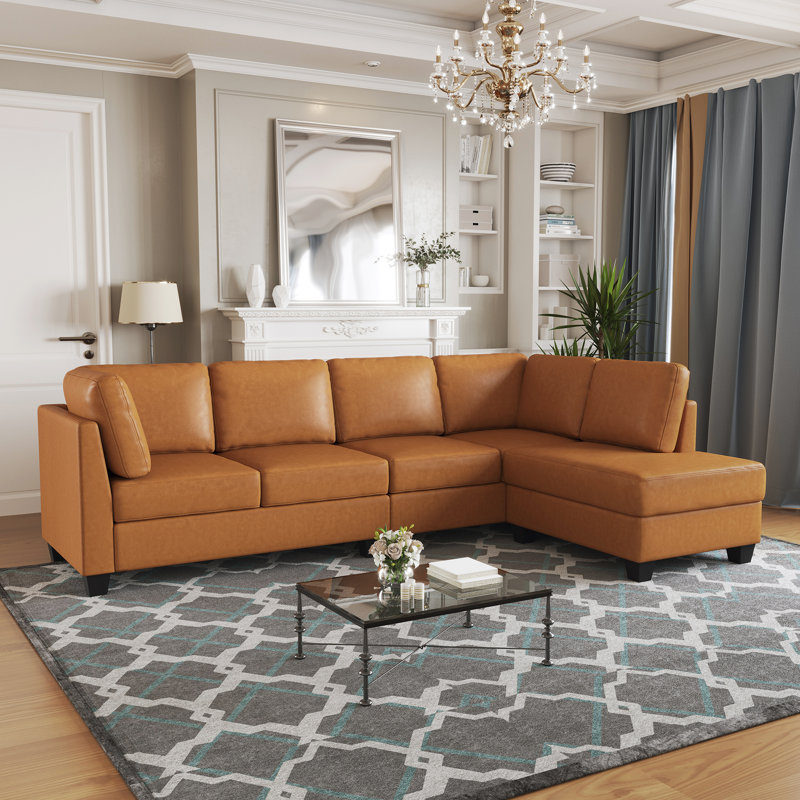 Faux Leather L-Shaped Modular Sectional Sofa, Black Faux Leather, Right Hand Facing